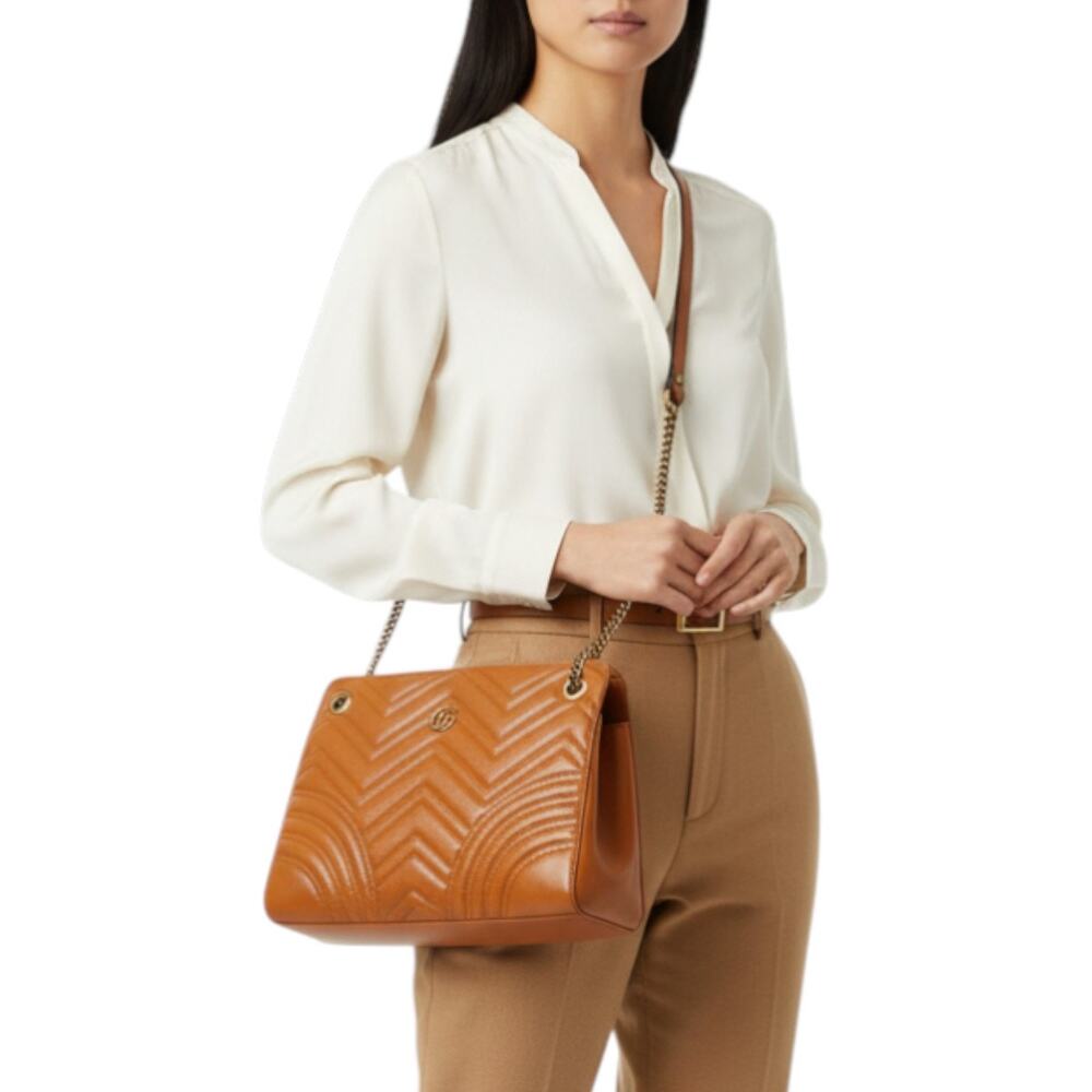 Gucci Leather GG Marmont Accordion Chain Strap Medium Shoulder Bag Brown Women's